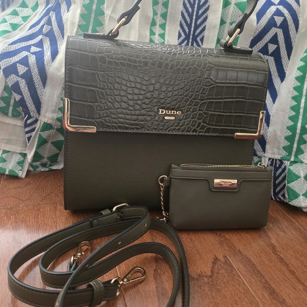 Dune London Olive Green Croc-Embossed Satchel Crossbody with Matching Pouch